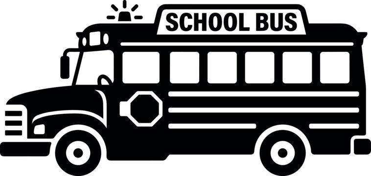 Black and white school bus silhouette vector icon with flashing light and stop sign for education transportation and back to school design.