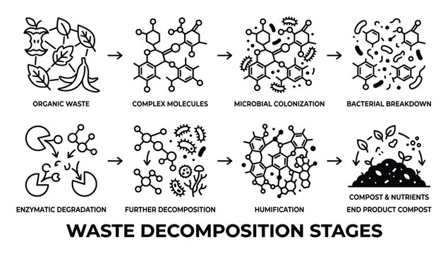 Waste decomposition stages flowchart Organic waste complex molecules microbial colonization bacterial breakdown enzymatic degradation.