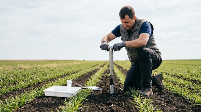 Man conducting soil carbon sampling in agricultural field  