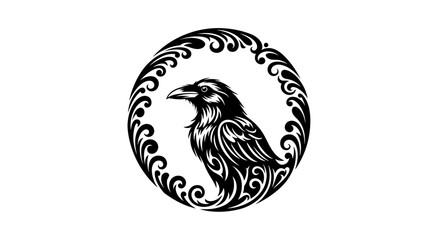 Fototapeta premium A detailed black and white silhouette of a raven within an ornate, circular decorative frame. Ideal for logos, emblems, and gothic-themed designs.