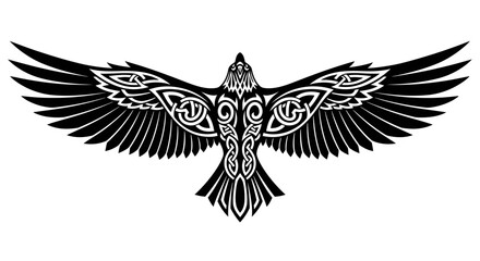 Obraz premium Striking black and white illustration of an eagle with intricate tribal and celtic knot details, spread wings, isolated on white.