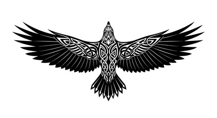 Obraz premium Stylized black raven with intricate knotwork pattern, spread wings, isolated on white background. Mythological bird art.