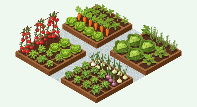 Isometric Vegetable Garden with Raised Beds and Organic Produce