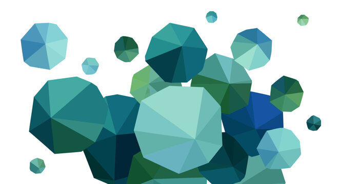 Abstract Geometric Shapes, Blue and Green Icosahedrons Floating