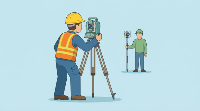 A surveyor in a hard hat and safety vest operates a total station on a tripod, with a colleague holding a prism pole in the background against a pale blue sky
