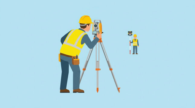 A surveyor in a hard hat and high-visibility vest operates a total station on a tripod, with a distant figure and a simple blue background, illustrating precise measurement work