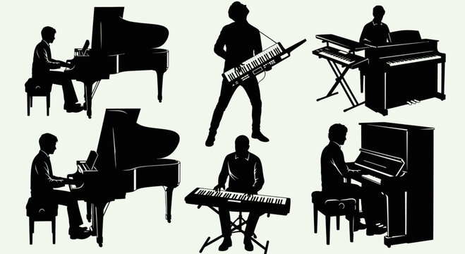 Pianist and Keyboard Player Silhouette Set with Grand Piano