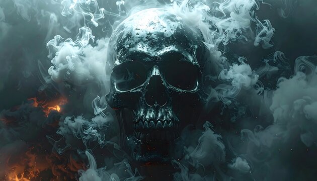 A spectral skull emerges from billowing grey smoke, with fiery embers flickering in the shadows. The macabre scene evokes darkness