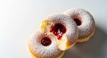 Fototapeta premium A cluster of fresh, golden brown donuts dusted with fine sugar, showcasing a vibrant red berry jam filling inside the fluffy pastry, tasty, fried, cooking