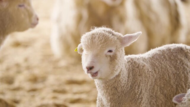 Adorable newborn lamb standing on straw bedding in warm barn at Anseong Farmland, South Korea, with sheep herd visible in background
