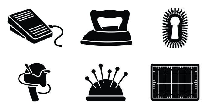 Sewing machine foot pedal iron buttonhole thimble pincushion cutting mat icons for textile and apparel projects