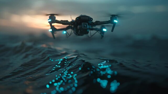Futuristic drone flying over glowing bioluminescent terrain at dusk.