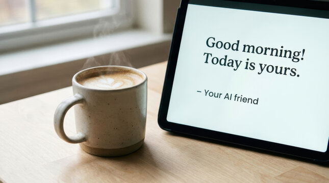 Good morning message on tablet with steaming coffee cup on wooden table showing ai chat support for positive start