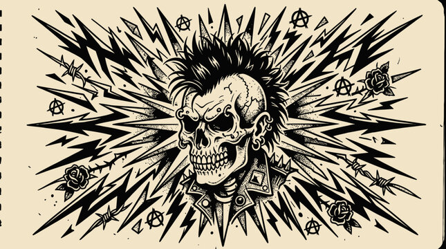 Punk Rock Skull Vector with Mohawk Lightning Bolts and Anarchy Signs