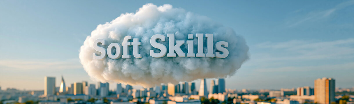 Soft Skills in the Sky: A cloud formation, creatively adorned with the words Soft Skills, floats above a modern cityscape, representing the intangible yet crucial abilities that shape success. 