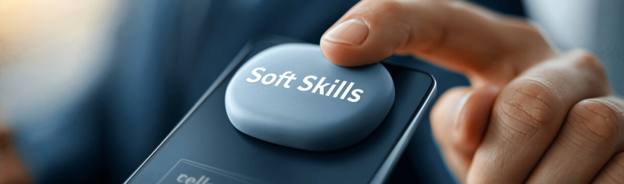 Mastering Soft Skills: A close-up of a finger pressing a button labeled Soft Skills, symbolizing the importance and acquisition of these vital interpersonal abilities.