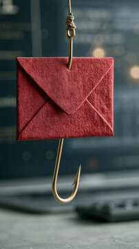 Digital Deception: A close-up of a phishing scam concept featuring a red envelope impaled on a fishhook, emphasizing the risks of online fraud and cybercrime.