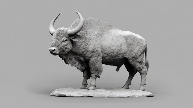 Realistic grey digital sculpture of a wild bovine