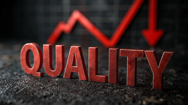 Quality Decline: A stark visual representation of decreasing quality, with the word QUALITY prominently displayed amidst a backdrop of a downward-sloping red arrow.