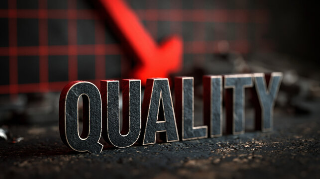 Quality Decline: A stark visual commentary on the erosion of quality, with bold letters spelling out the word and a downward-pointing arrow to symbolize the trend.