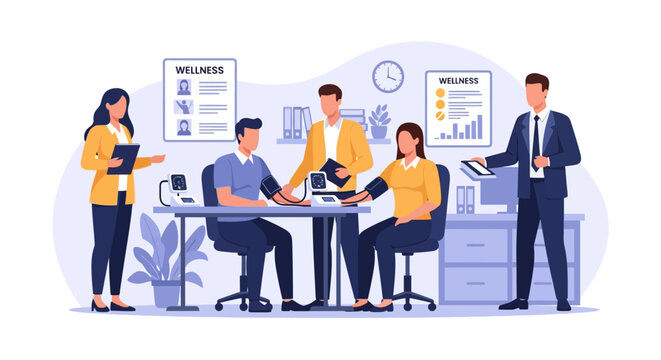 Flat vector illustration of diverse coworkers participating in a corporate wellness program with blood pressure monitoring, medical checkups, and health charts in an office setting.
