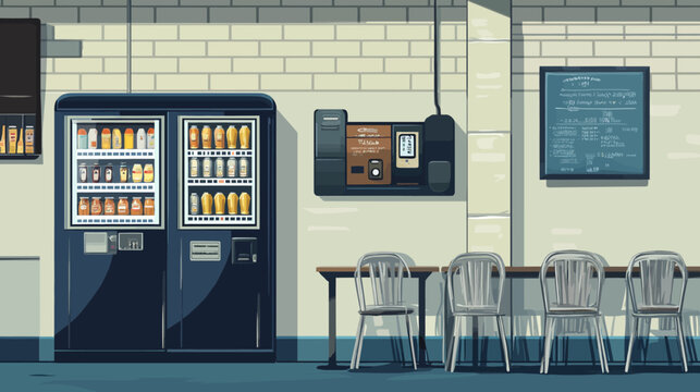 Cartoon vending machine area with two dark-colored drink dispensers,