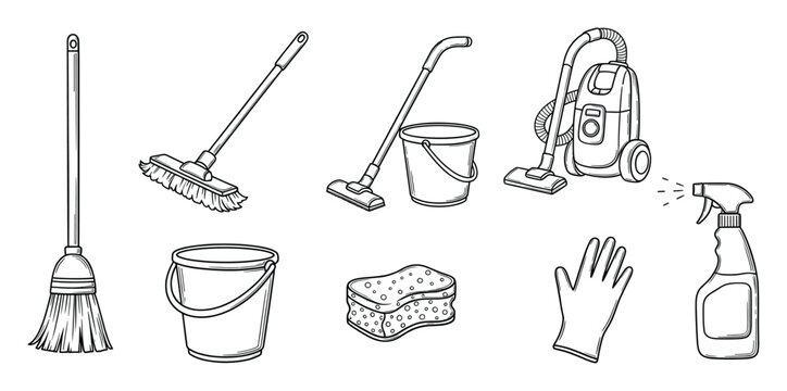 Hand drawn household cleaning tools for home maintenance and domestic chore graphics