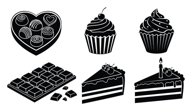Delicious confectionery and dessert collection featuring chocolates cupcakes and elegant cake slices