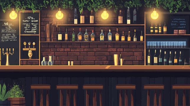 Cozy bar interior with brick back wall, shelves of bottles, warm amber glow. Dim