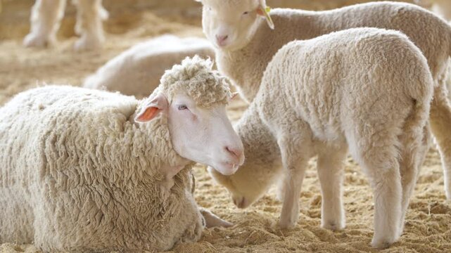 White woolly sheep resting and standing with young lambs on sandy barn floor at Anseong farmland livestock facility