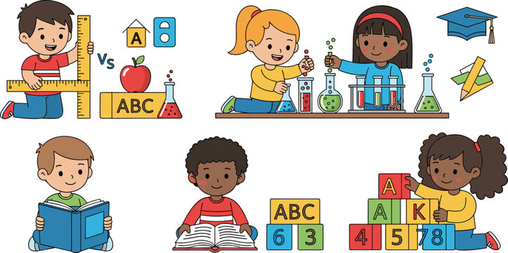 Diverse group of children learning science and math with books blocks and chemistry lab equipment preschool education vector illustration set for school.