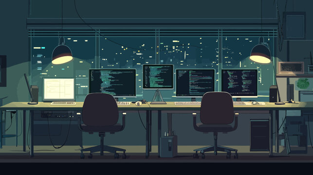 Night office with four monitors showing code, two chairs, city lights outside.!!