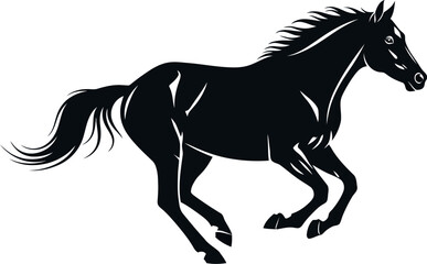 Obraz premium Galloping horse silhouette vector, black stallion running in profile, majestic equine animal illustration, minimalist horse logo design element