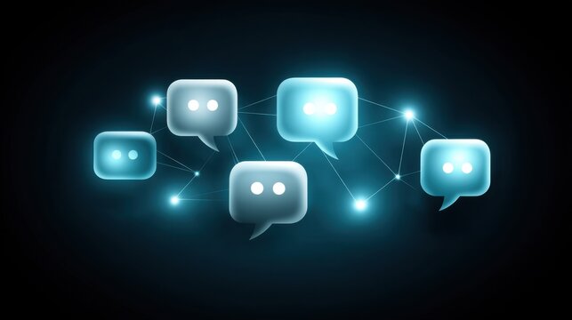 Digital communication icons featuring glowing speech bubbles connected by lines in a dark background showcasing the concept of online messaging and interaction