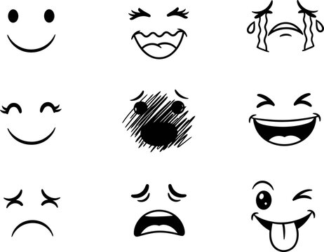 A collection of nine hand-drawn emoticons expressing a variety of emotions from happiness and laughter to sadness and crying. Simple, clean line art on a white background.