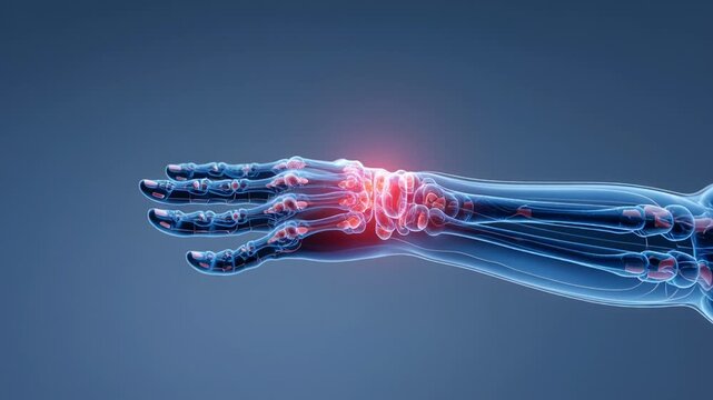 Digital illustration of a human wrist showing bones and joint inflammation.