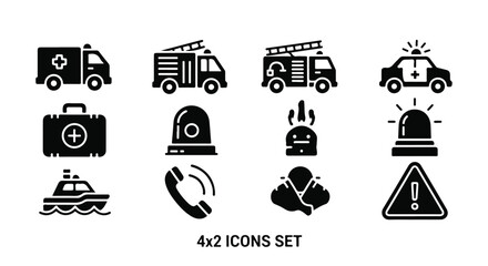 Emergency services icon set, 4x2 icons set of black solid vectors, ambulance and fire truck symbols, police car and first aid kit graphics for safety apps © stcok victer cenva