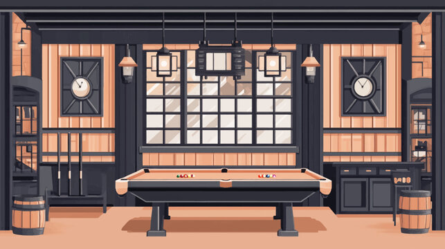 Cozy dim billiards room with wooden panels a large central window and pool table