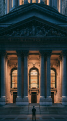 Fototapeta premium Historic Granite Building with Columns: Nighttime Symmetry, Silhouette, Urban Cityscape Exploration in Gorgeous Monumental Landmarks Photography