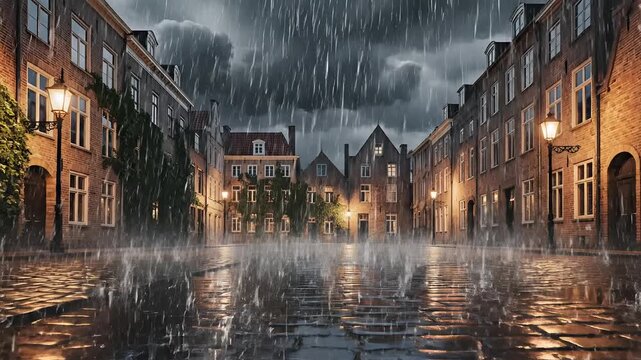 Rainy European Street Scene with Reflections and Moody Atmosphere.