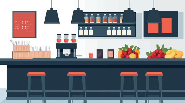 A modern bar interior with hanging lamps, wine bottles, fruit bowls, and stools