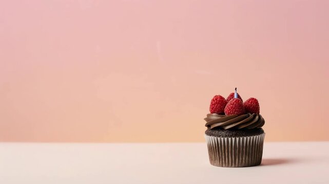 time-lapse of chocolate cupcake with raspberry topping and glowing candle on a pastel background