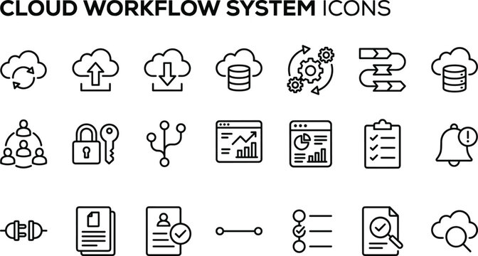 Cloud workflow system icons set featuring data processing automation task management synchronization and digital operation elements for modern applications