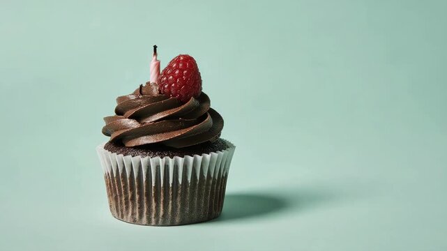 time-lapse of chocolate cupcake with raspberry topping and glowing candle on a pastel background