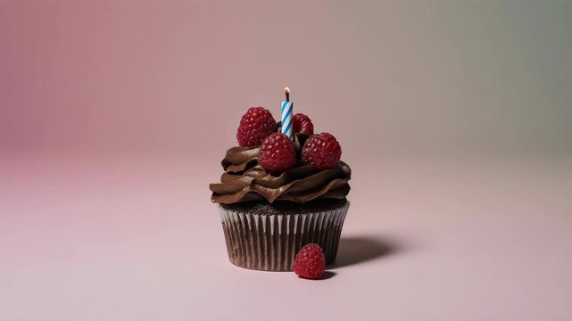 time-lapse of chocolate cupcake with raspberry topping and glowing candle on a pastel background