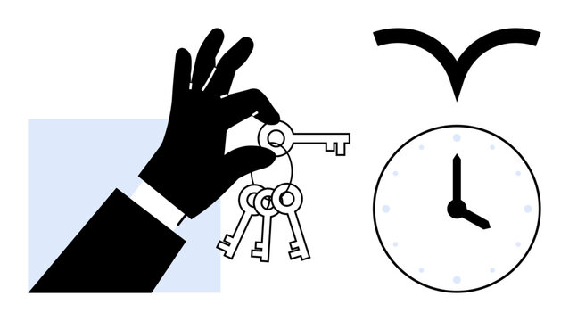 Opportunity, security, freedom, time management, decision-making, planning. A hand holds keys next to a clock and bird symbol. Opportunity and security with freedom and timing concepts