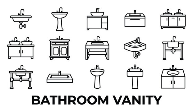 Fifteen various styles bathroom vanity and sink icons for interior design isolated on white background.