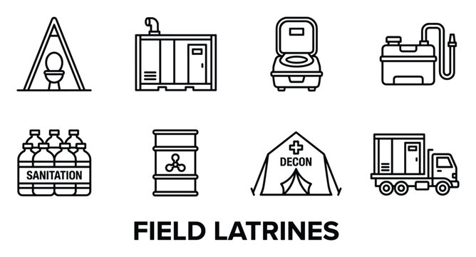 Field latrines icons portable toilet sanitation water tank chemical barrel decontamination.