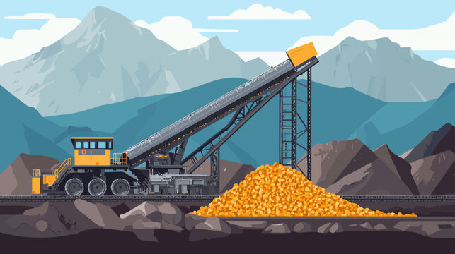 A heavy mining conveyor unloads ore beside rugged mountains under a blue sky.!!!