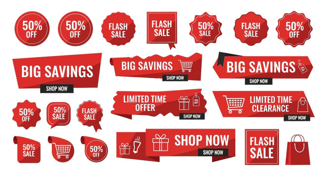 Set of red sale badges and banners discounts offers and promotional elements